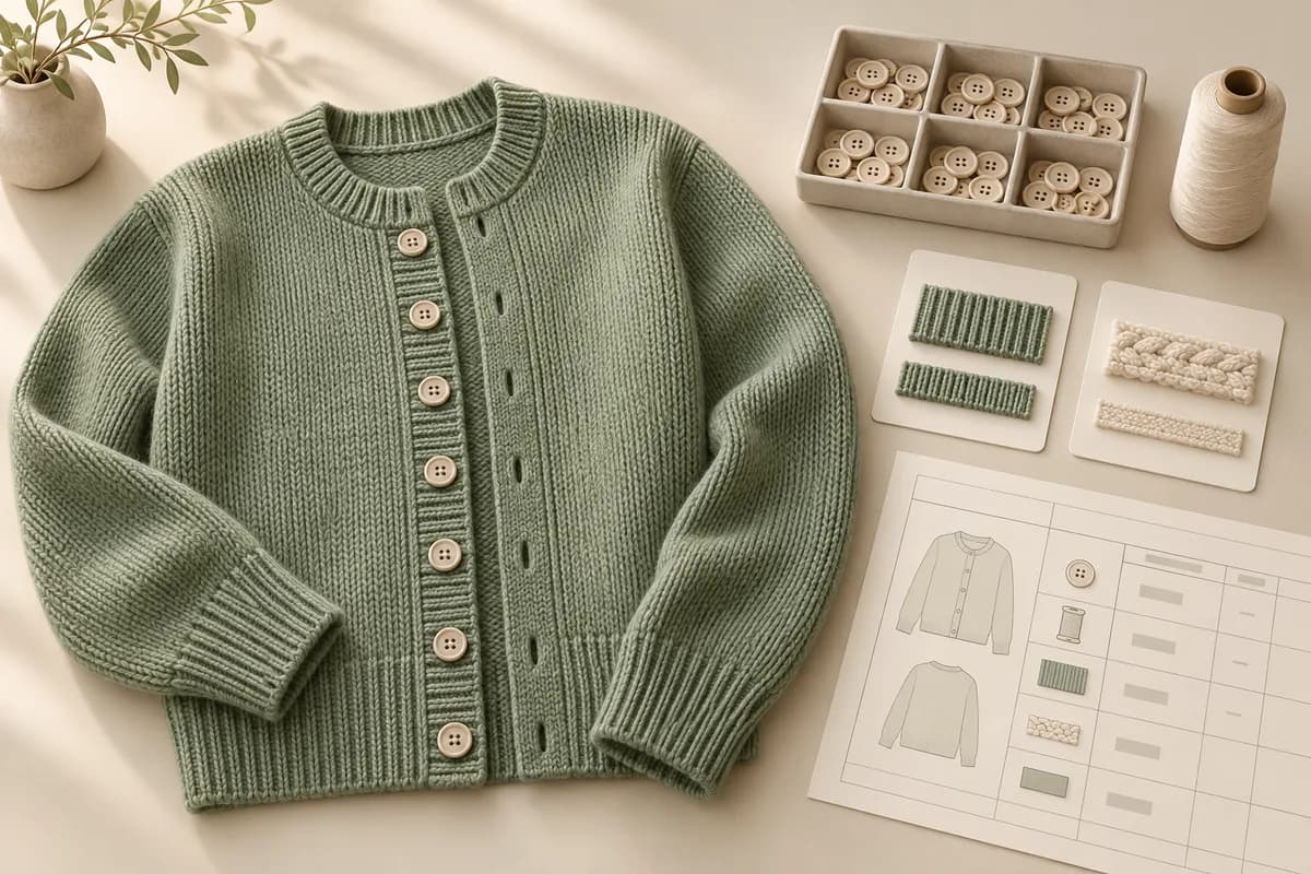 Illustrazione di un cardigan a maglia salvia, bottoni di ricambio, filo, campioni di rifinitura e un foglio di lista dei materiali.