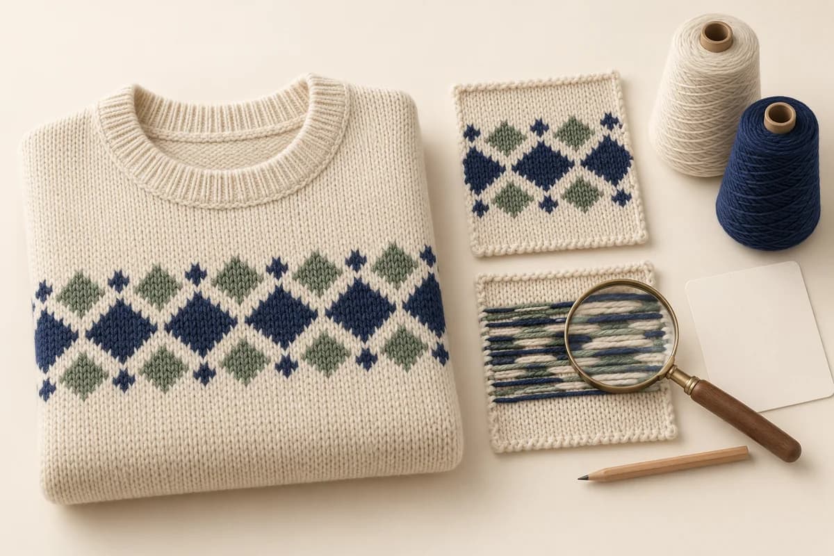 Concept illustration of a geometric-pattern sweater, front and reverse knit swatches with carried yarns, a magnifier, yarn cones and a blank approval card.