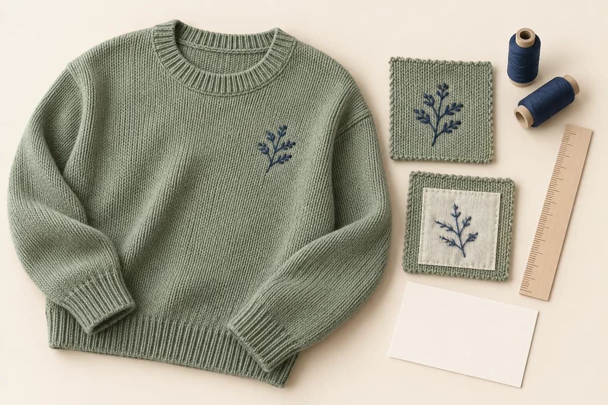 Konzeptillustration eines gelben Strickpullovers mit botanischer Stickerei, genähten Strickmustern, die die Vorder- und Rückseite zeigen, Garnspulen und einer Genehmigungskarte.
