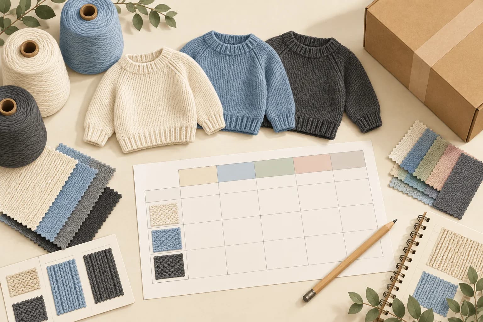 Conceptual illustration of three sweater samples, yarn cones, swatches and a blank order matrix for preparing a bulk knitwear RFQ.