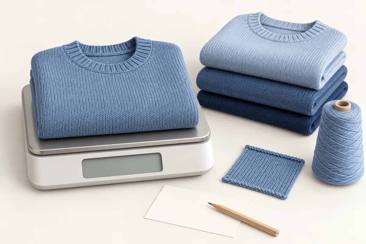 Concept illustration of a blue folded sweater on a tabletop scale beside different-sized sweaters, a yarn cone, a knit swatch and a blank specification card.