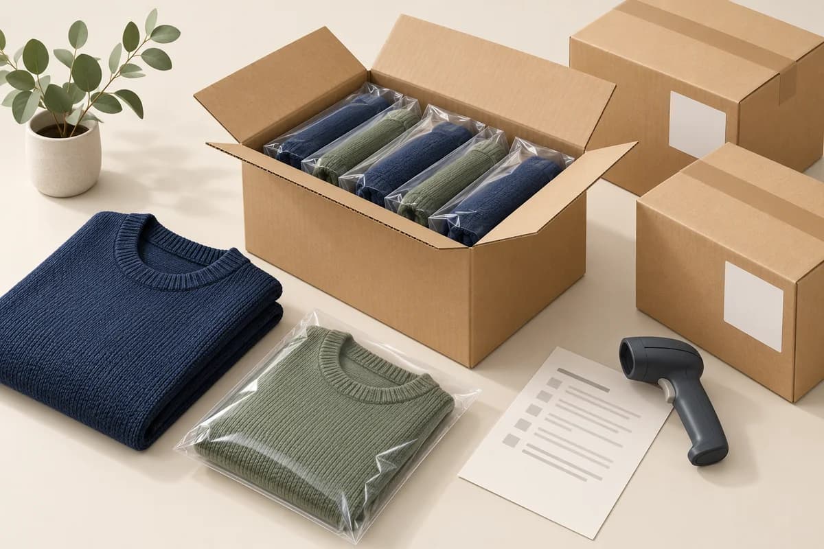 Abbildung von gefalteten Strickpullovern, einzelnen Kleidungsstückärmeln, Versandkartons und einem Packlisteblatt