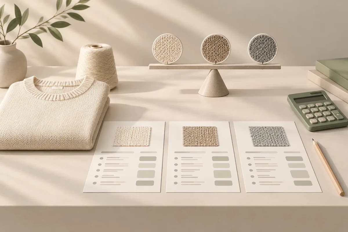 Beschaffungsillustration von drei Preisangebotsblättern und gestrickten Mustern neben einem Cremepullover, Garnkegel, Rechner und abstrakter Balance