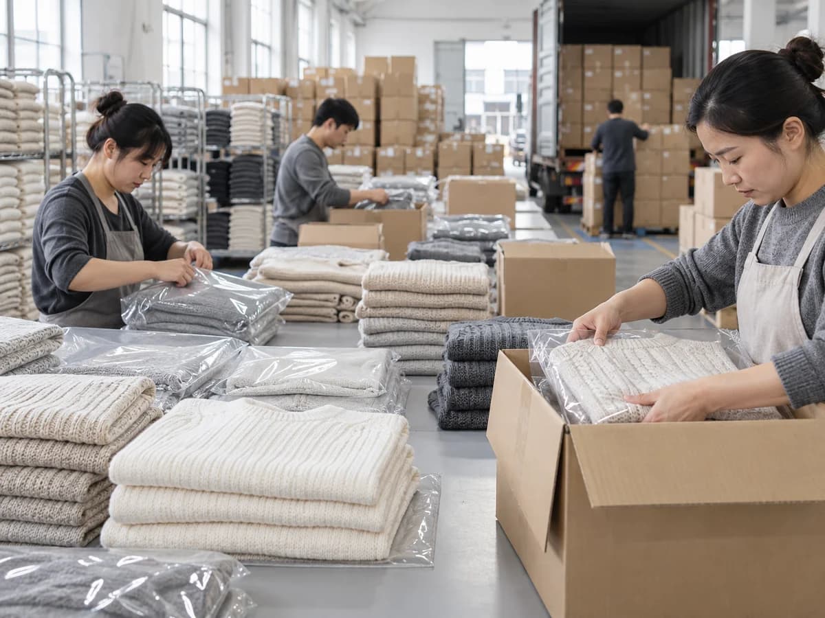 Fertige Strickwaren werden für den Versand aus der Fabrik verpackt