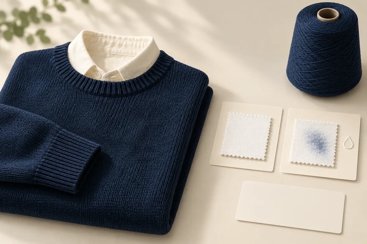 Concept illustration of a navy knitted sweater over a cream shirt, two separate white cloth sample cards, one with a faint blue mark, and a navy yarn cone.
