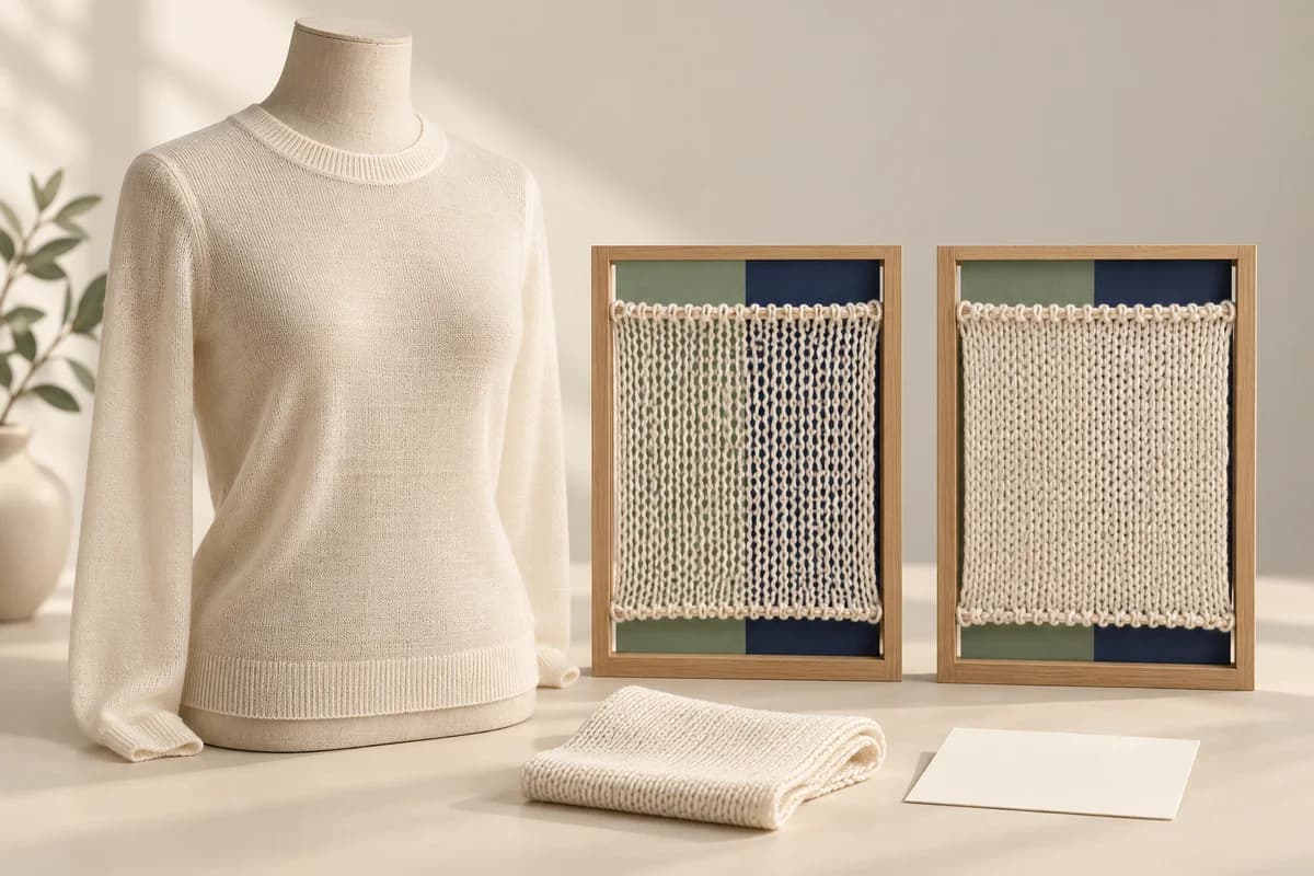 Illustration d’un pull crème sur un mannequin et de deux échantillons de maille encadrés, plus ou moins opaques devant des fonds vert sauge et bleu marine.