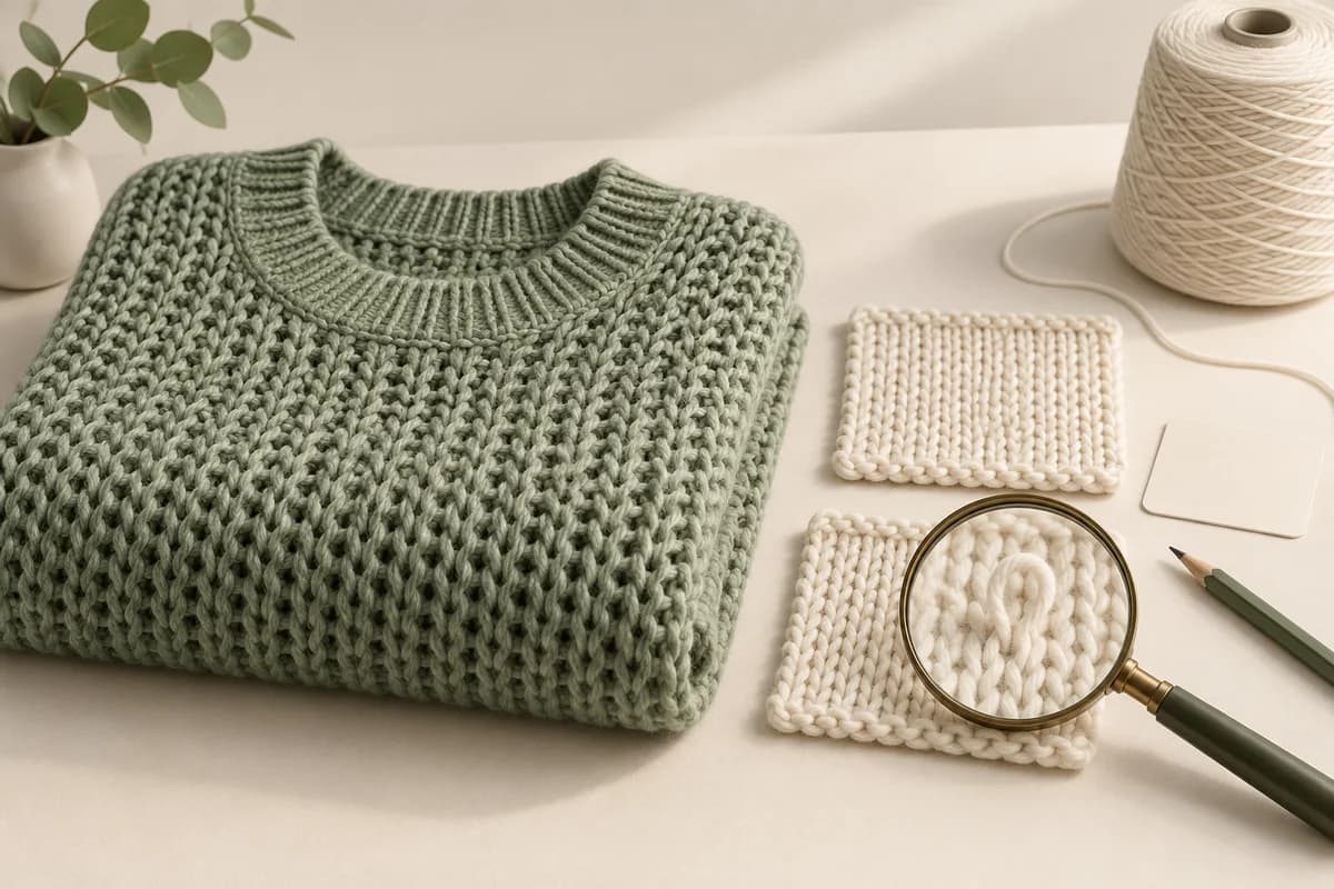 Concept illustration of a sage knitted sweater, two cream knit swatches, a magnifying glass highlighting a pulled loop, a yarn cone and a blank approval card.