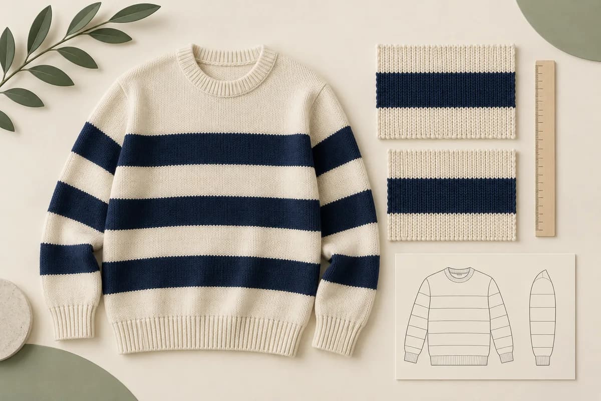 Konzeptillustration eines cremefarbenen und marineblauen gestreiften Pullovers, passender gestrickter Streifenmuster, eines Lineals und einer Mustergenehmigungskarte.