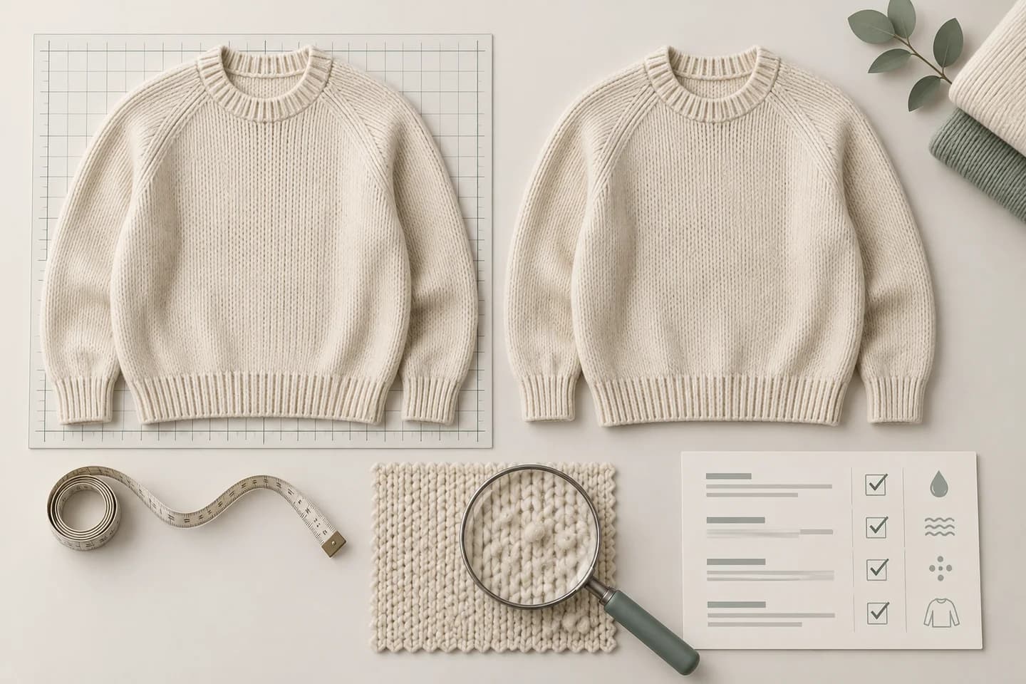 Concept illustration of a sweater, measurement tape, knit swatches and wash-testing checklist; not a photograph of a WTBF test or order.