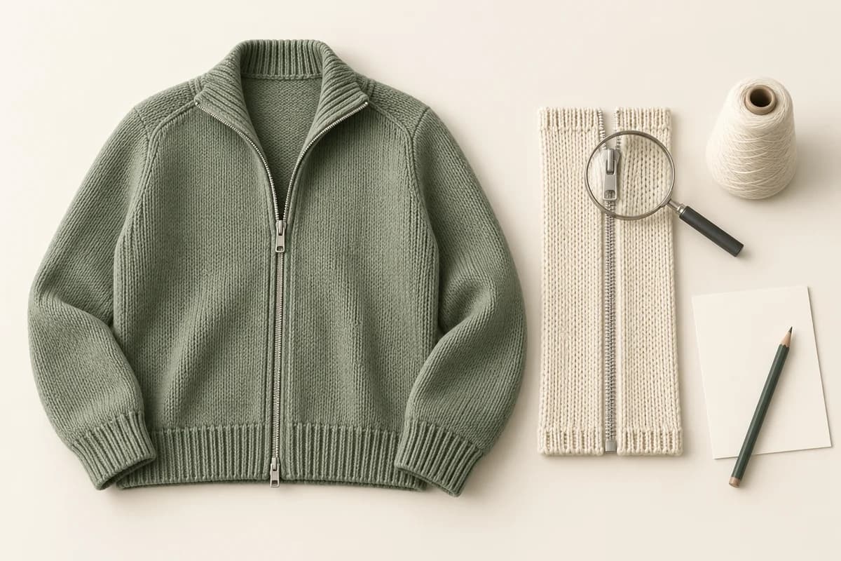 Konzeptillustration einer Salbei-Reißverschluss-Cardigan, einer Creme gestrickten Reißverschlussprobe, einer Lupe, eines Garnkegels und einer leeren Genehmigungskarte.