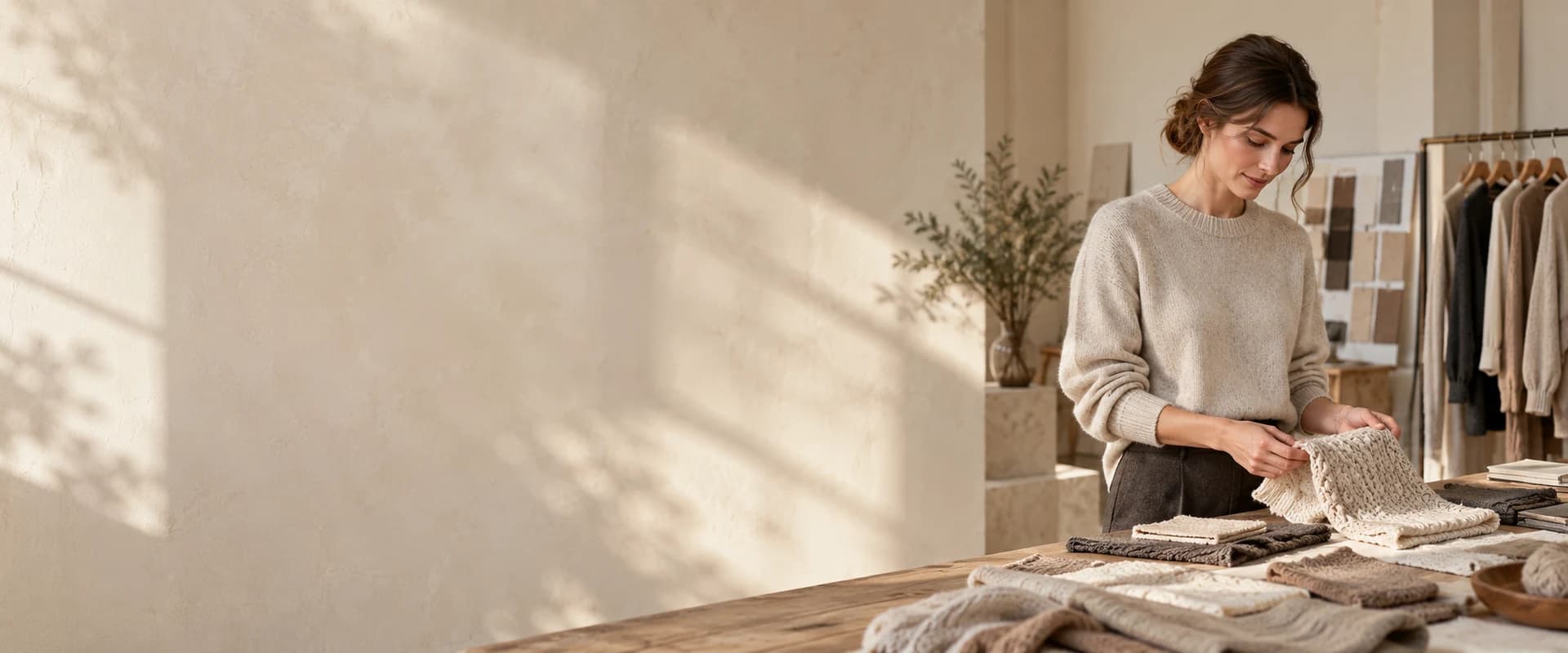 A textile designer reviewing knitwear samples in a sunlit atelier.