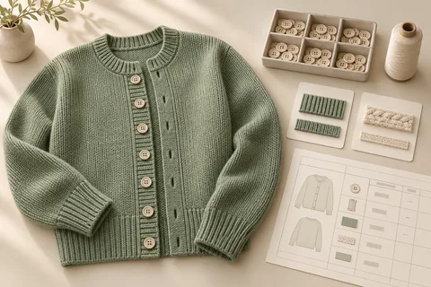 Illustration of a sage knitted cardigan, spare buttons, thread, trim swatches and a bill-of-materials sheet.