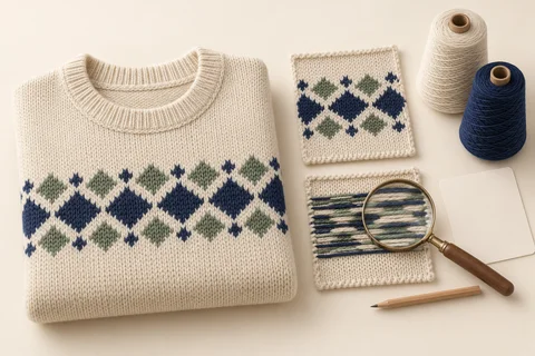 Concept illustration of a geometric-pattern sweater, front and reverse knit swatches with carried yarns, a magnifier, yarn cones and a blank approval card.