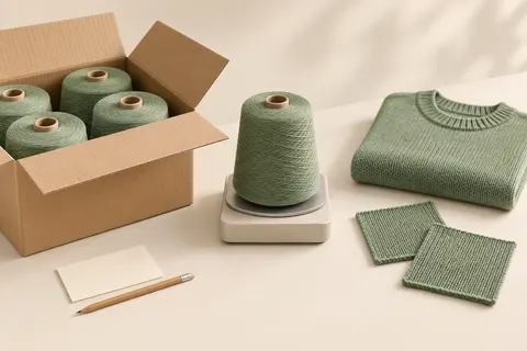 Conceptual illustration of delivered sage yarn cones, a weighing scale, trial knit swatches and a matching folded sweater for a customer-supplied yarn handover.