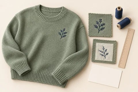 Concept illustration of a sage knitted sweater with botanical embroidery, stitched knit swatches showing the front and backing, thread spools and an approval card.