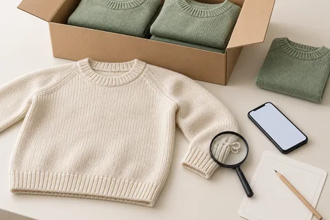 Concept illustration of received sweaters in a carton, a cream sweater with a loose cuff loop, a magnifier, a phone and a blank inspection card.