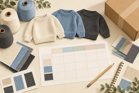 Conceptual illustration of three sweater samples, yarn cones, swatches and a blank order matrix for preparing a bulk knitwear RFQ.