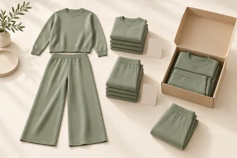 Concept illustration of a sage knit top and matching trousers, separate component stacks and a complete folded outfit in a carton.