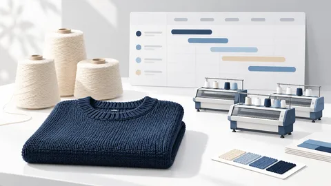 Illustration of a navy sweater, yarn cones, miniature knitting machines and an abstract production timeline.