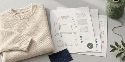 Illustration of a cream sweater, technical sheets with measurement arrows and approval marks, a yarn cone and navy swatch.