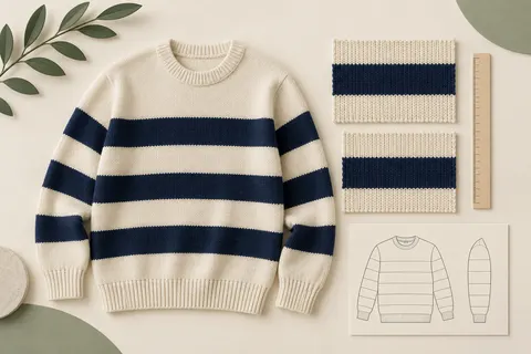 Concept illustration of a cream and navy striped sweater, matching knitted stripe swatches, a ruler and a pattern approval card.