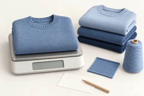 Concept illustration of a blue folded sweater on a tabletop scale beside different-sized sweaters, a yarn cone, a knit swatch and a blank specification card.