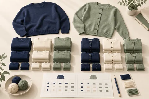 Procurement illustration of pullovers, cardigans, colour swatches and an order planning grid