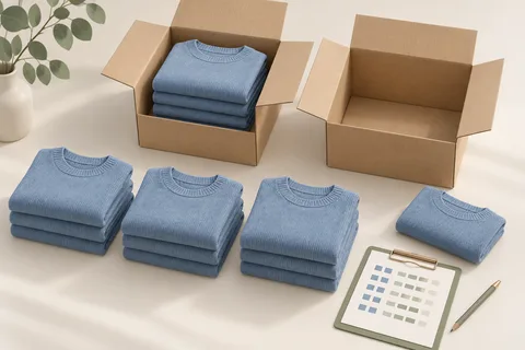 Concept illustration of blue sweater stacks, a filled shipping carton, an empty carton, an extra sweater and an abstract quantity checklist.