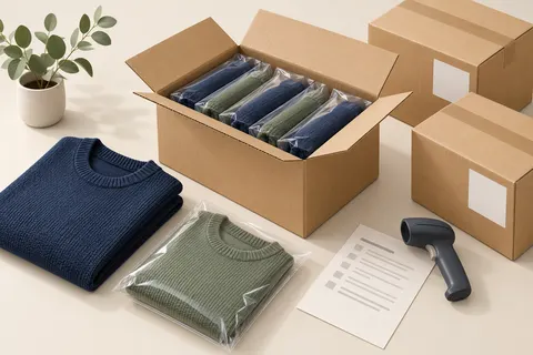 Illustration of folded knit sweaters, individual garment sleeves, shipping cartons and a packing-list sheet