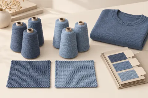 Procurement illustration comparing two blue yarn groups and knitted swatches beside a folded sweater and shade archive