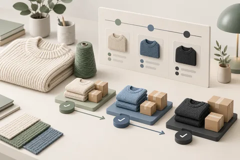 Planning illustration with a knitted sweater, yarn cone and milestone board beside three separate knitwear and carton release groups
