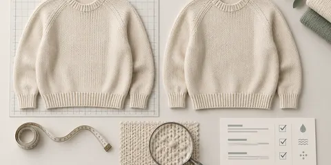 Concept illustration of a sweater, measurement tape, knit swatches and wash-testing checklist; not a photograph of a WTBF test or order.