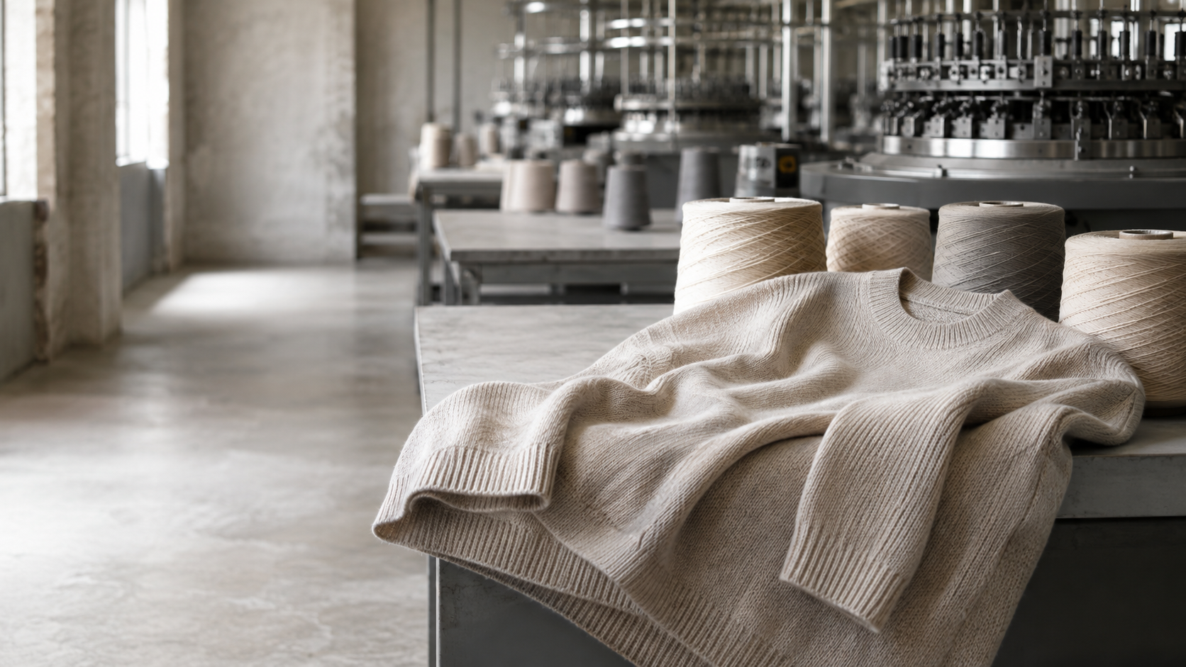 A sweater, yarn cones and knitting machines in a factory