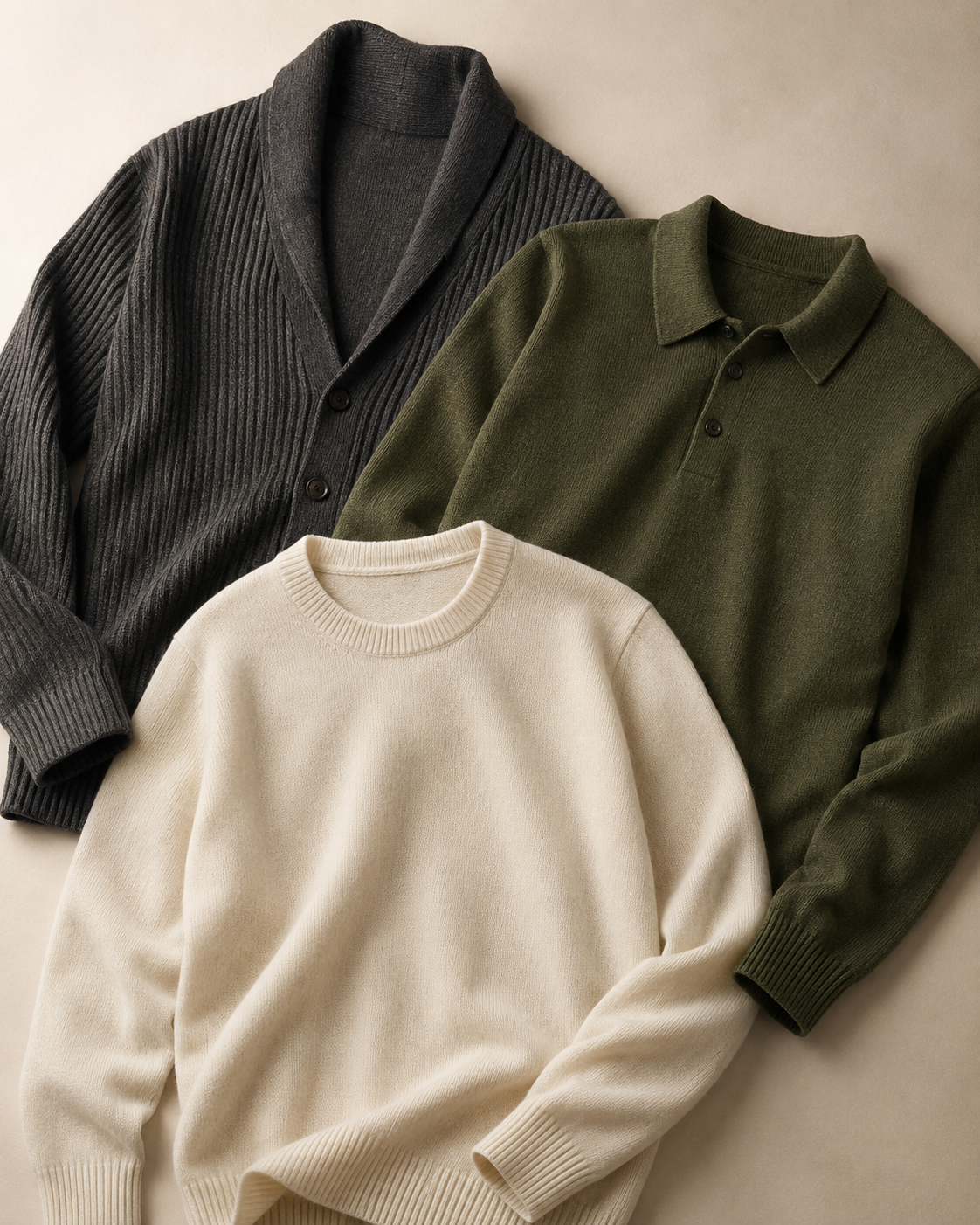 Three knitted garments arranged on a warm studio surface