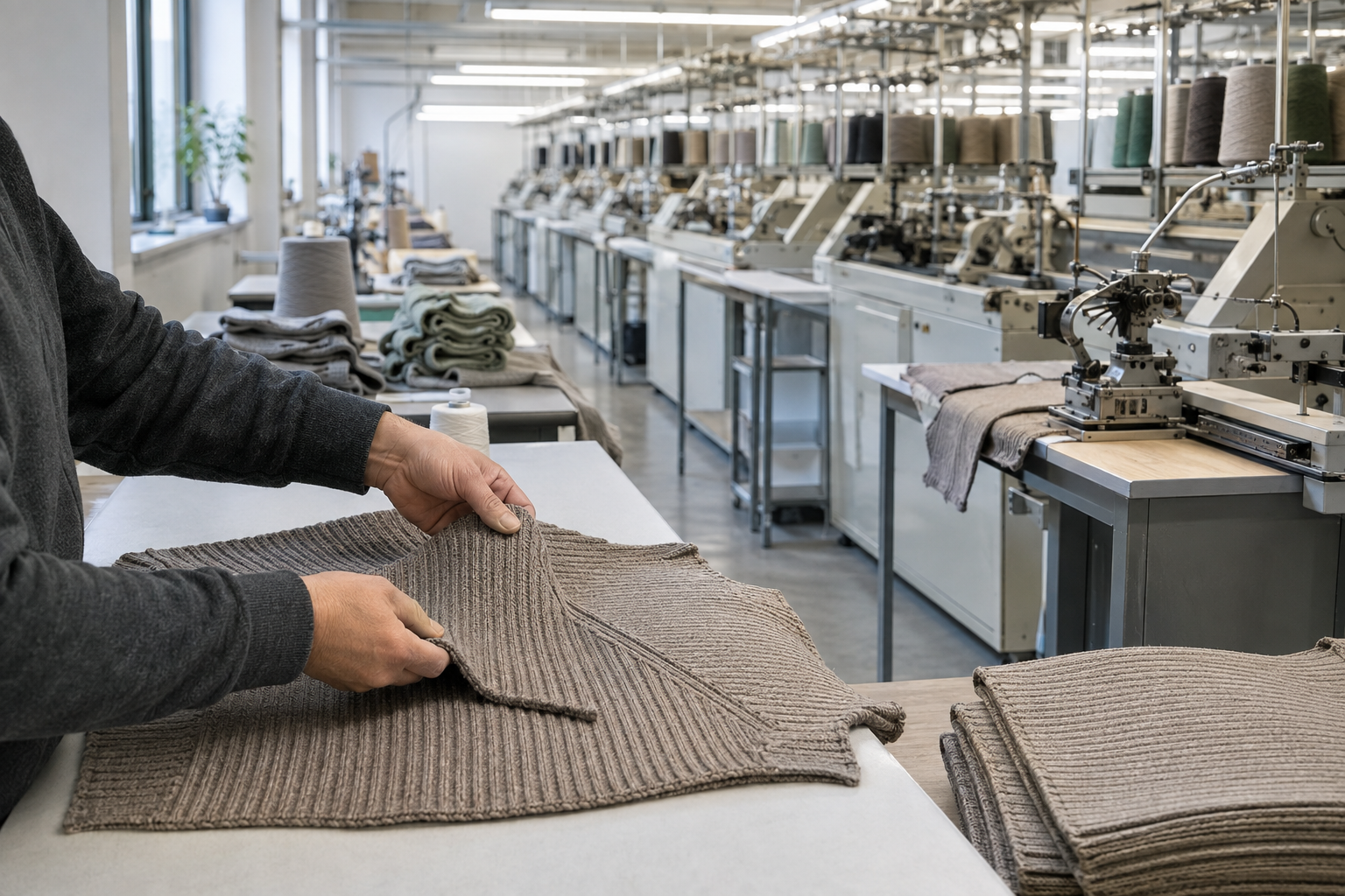 A technician checking knitwear panels on the production floor