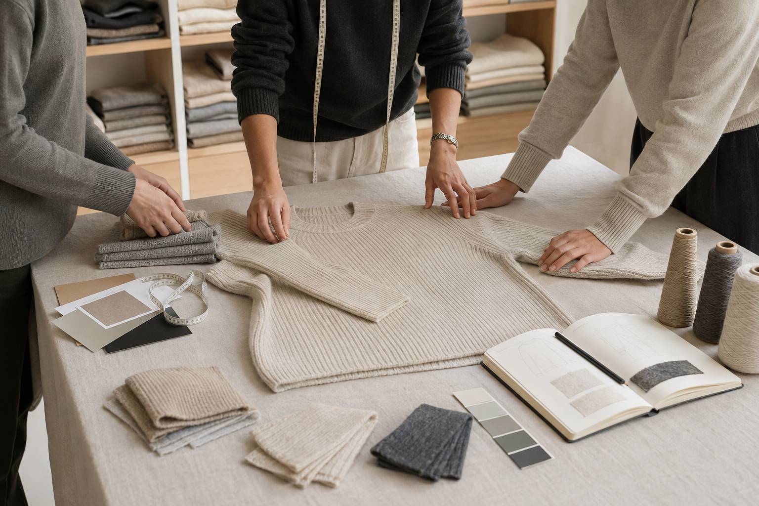 A team reviewing a knitwear sample and swatches on a studio table
