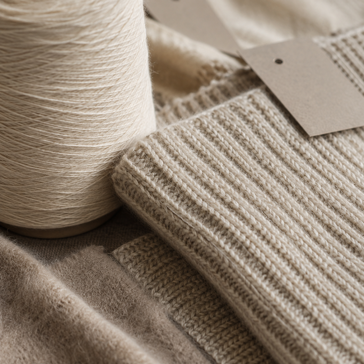 Yarn cones and knit swatches arranged for a material review